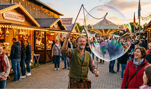Ein Jahrmarkt auf dem ein Mann eine riesige Seifenblase macht und viele Menschen staunend drum rum stehen,